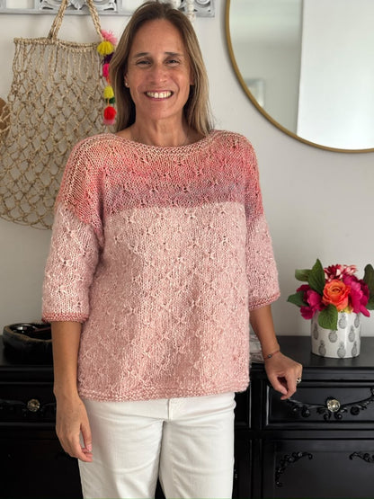 Sweater Kate tejido a mano en punto estrella, color rosa